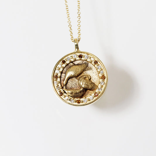 Atelier Narce OOAK 10k Gold, Sapphire & Diamond Crane Pendant Necklace