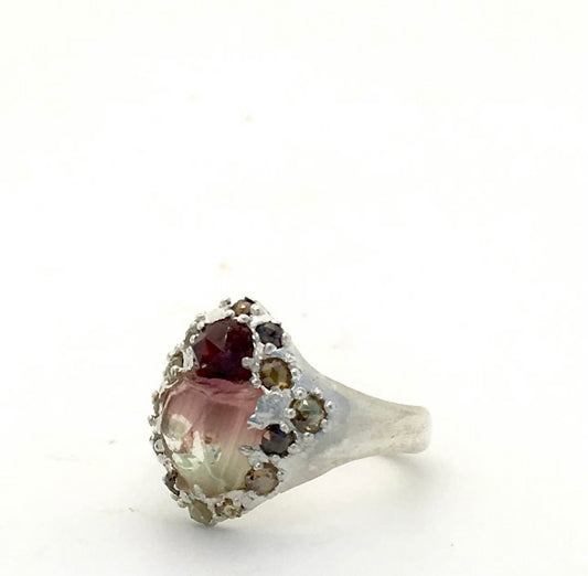 Atelier Narce Rough Tourmaline, Sapphire & Diamond Ring in Silver Argentium
