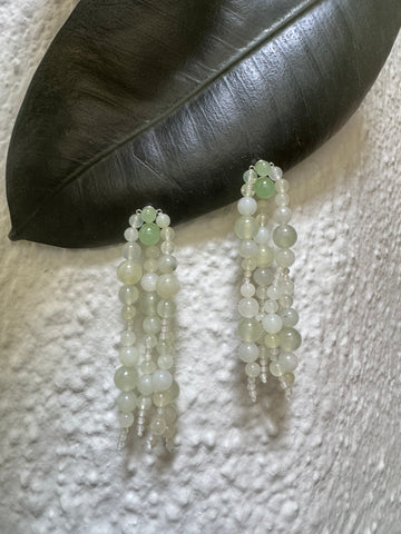 Mussels and Muscles Light Green Jade Tripple Strand Glazinia Earrings