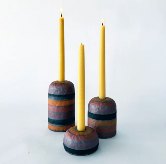 Mquan Studio Ceramic Hammered Taper Candle Holder with Rainbow Rings