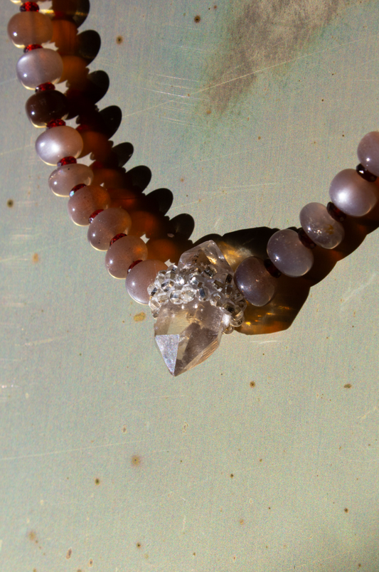 Jacki Holland Peach Moonstone with Garnet and Carbon Included Tibetan Quartz