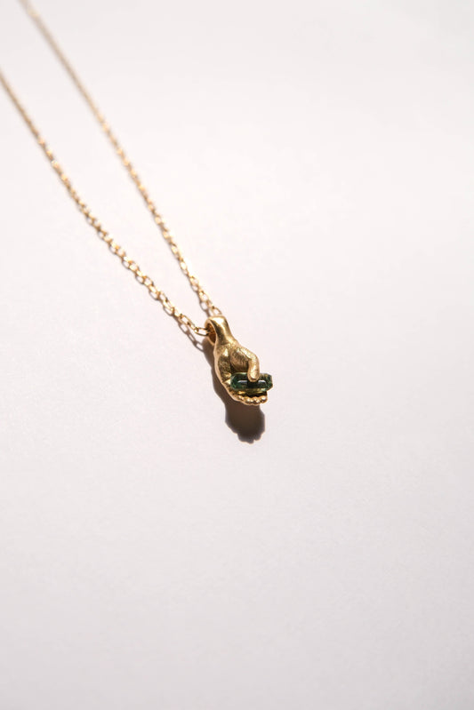 Fraser Hamilton Gold Hand Pendant with Green Emerald Cut Sapphire